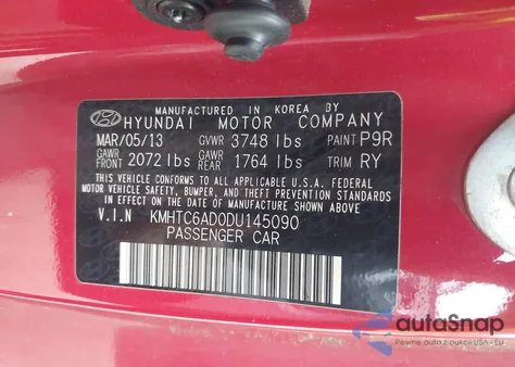 2013 Hyundai Veloster Base W/Black z USA, uszkodzony, nr VIN KMHTC6AD0DU145090